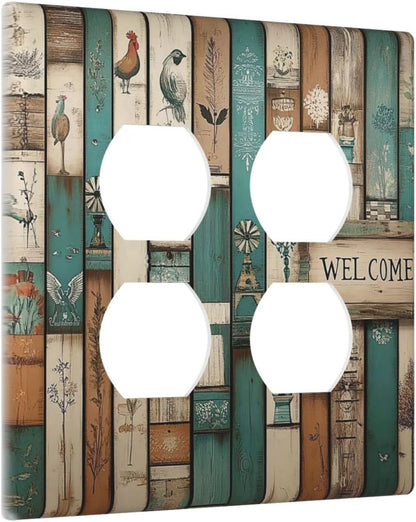 Outlet Covers Vintage Wood Brown Turquoise Splicing 2 Gang Double Duplex Decorative Light Switch