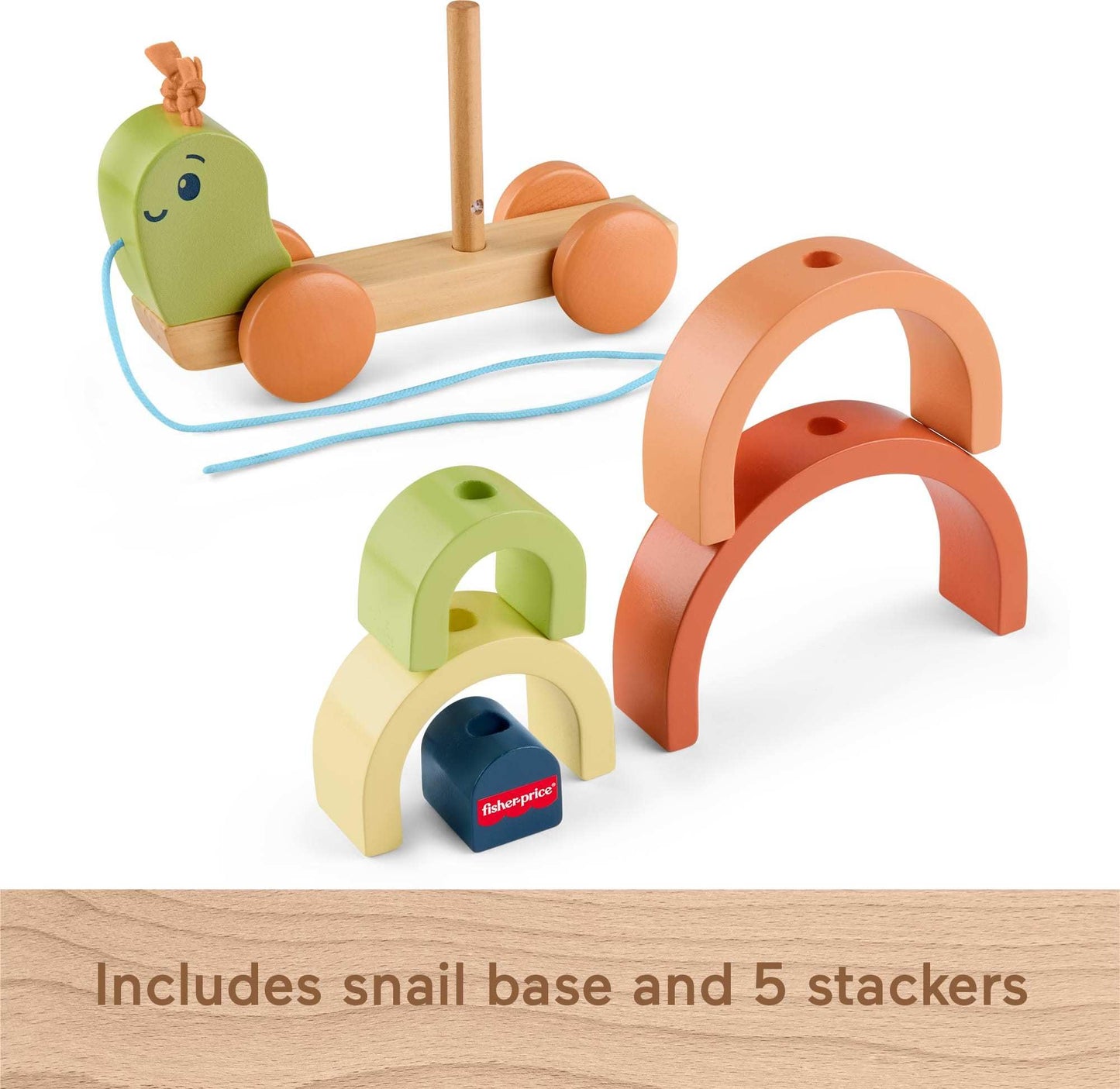 Fisher-Price Wood Toddler Toy Pull-Along Stacking Snail, Tiny Garden 6-Piece Wooden Activity for