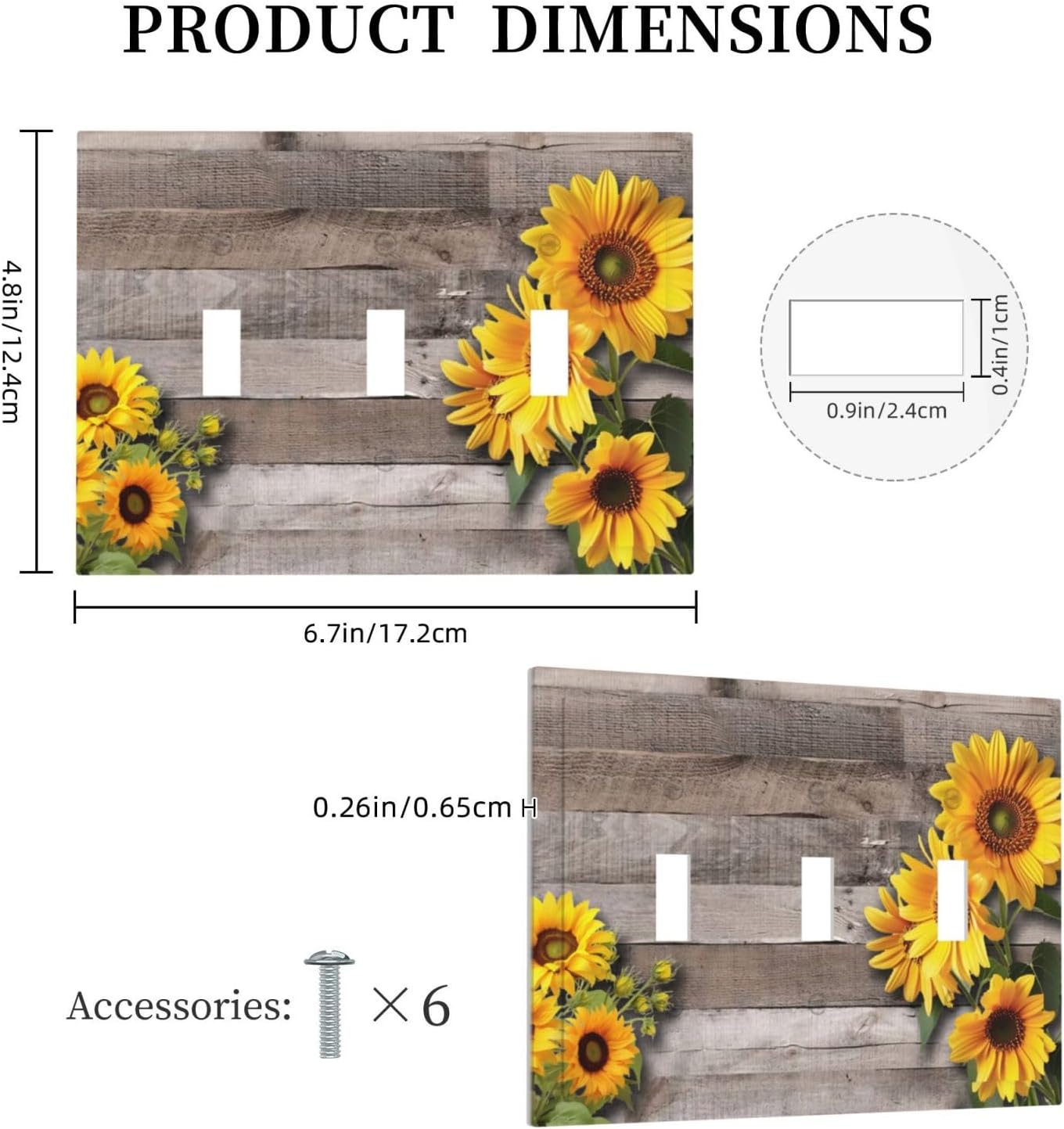 Sunflower Rustic Brown Gray Wood Decorative Switch Plates 3 Gang Wall Plate Triple Toggle Light