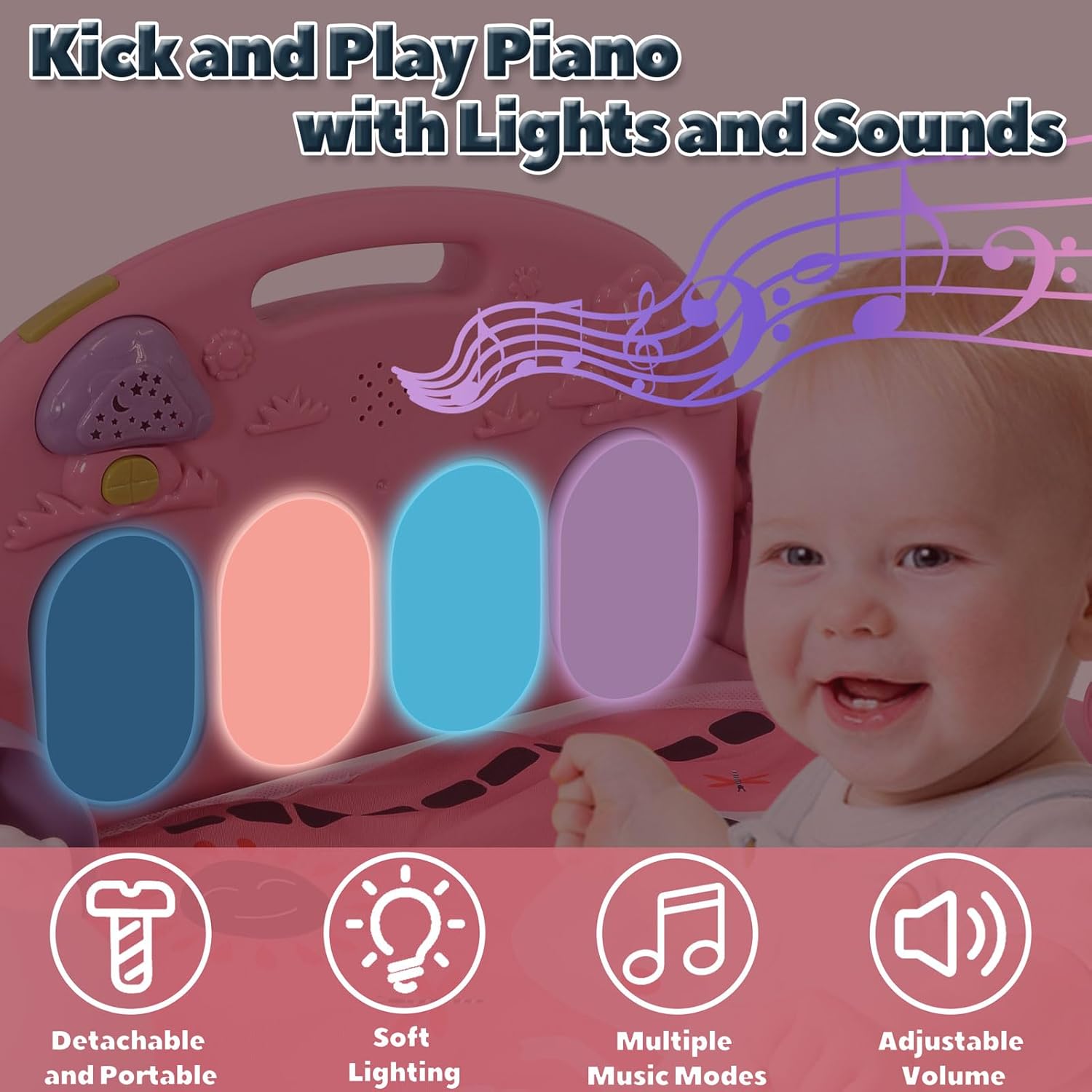 Baby Play Gym for 0-6 Months, High Contrast Tummy Time Mat, Kick and Play Piano, Music and Lights