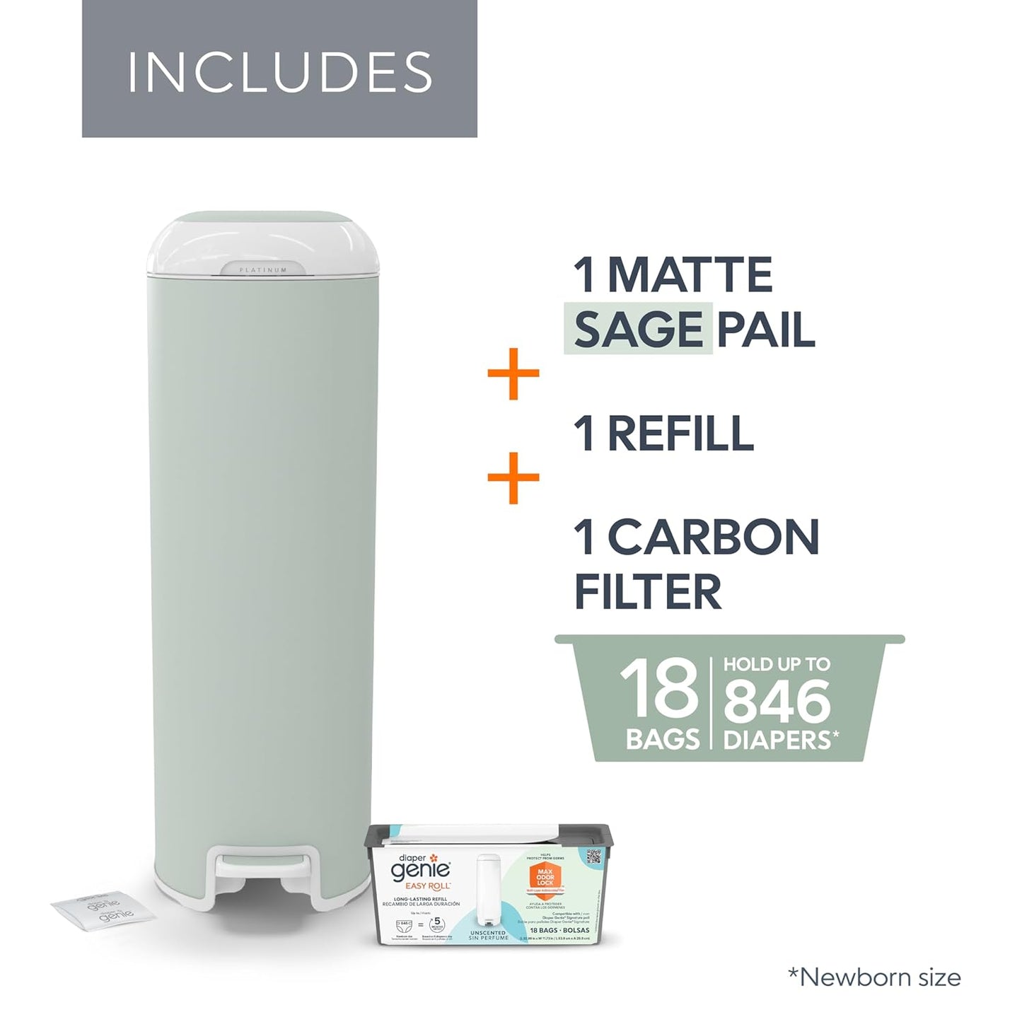 Diaper Genie Platinum Pail (Sage Green) is Made in Durable Stainless Steel and Includes 1 Easy Roll