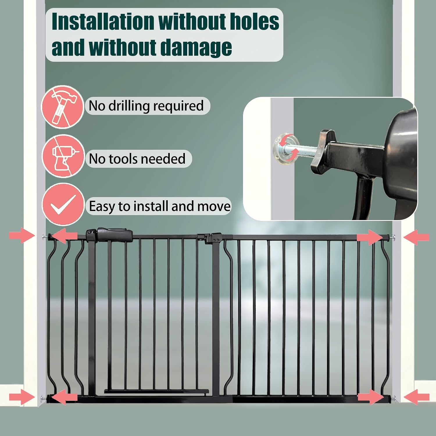 Heavy Duty Baby & Dog Safety Gate 86-104.7 Inch, Black Metal, Pressure Mounted No Drilling Pet Gate