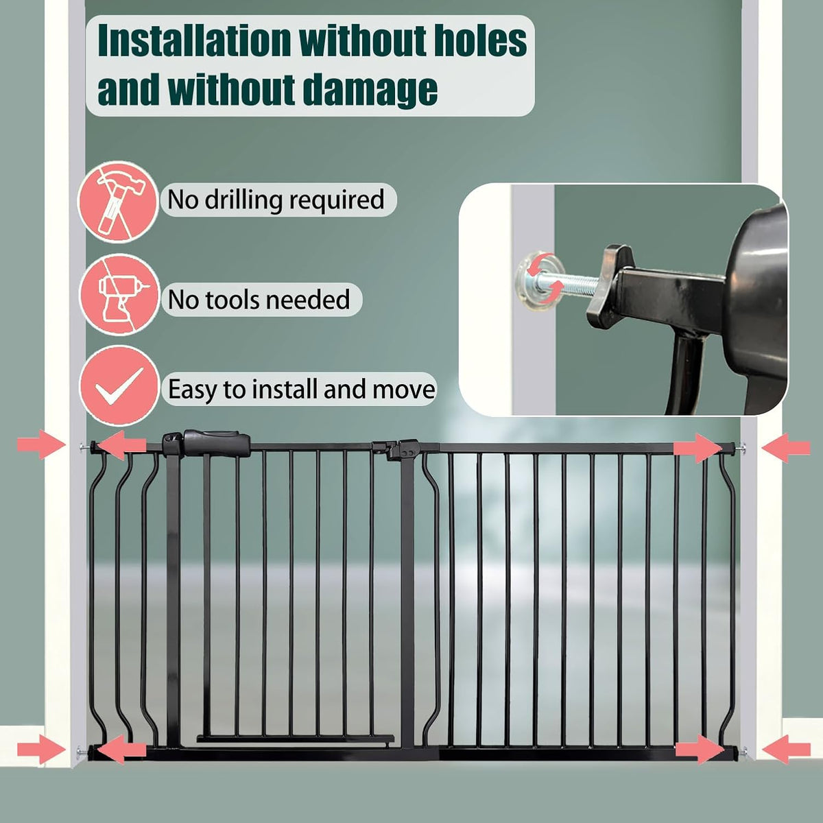 Heavy Duty Baby & Dog Safety Gate, Extra Wide 85.8-90.5 Inch,Black Metal, Pressure Mounted No
