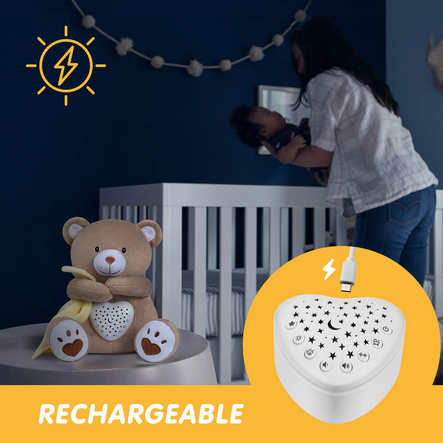 BEREST Rechargeable Baby Sleep Soother Bear, Mom's Heartbeat & Lullabies, White Noise Sound