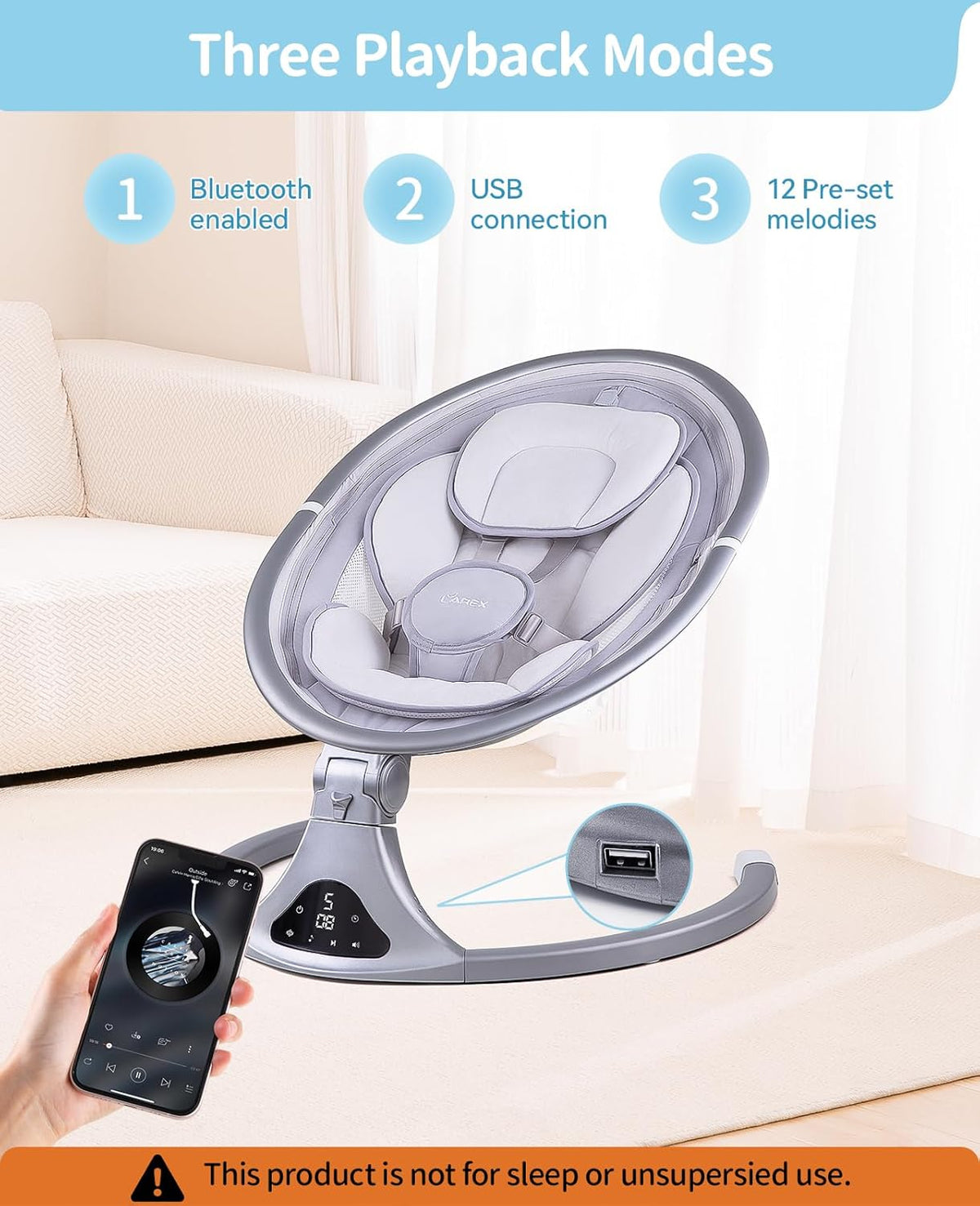 LAREX Baby Swing to Toddler Electric Infant Swing Portable for Newborn Boy Girl, 5 Sway Speeds with
