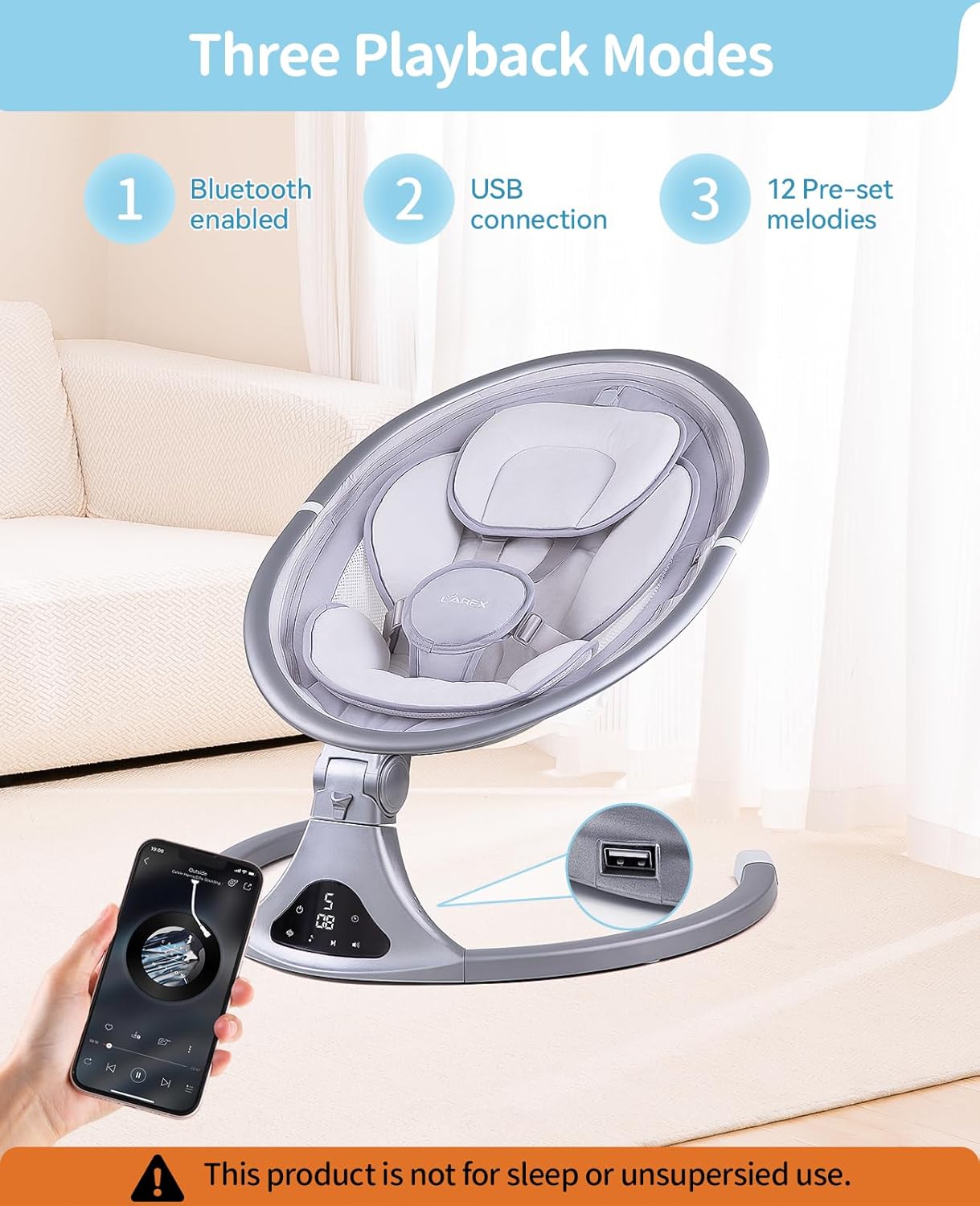 LAREX Baby Swing to Toddler Electric Infant Swing Portable for Newborn Boy Girl, 5 Sway Speeds with