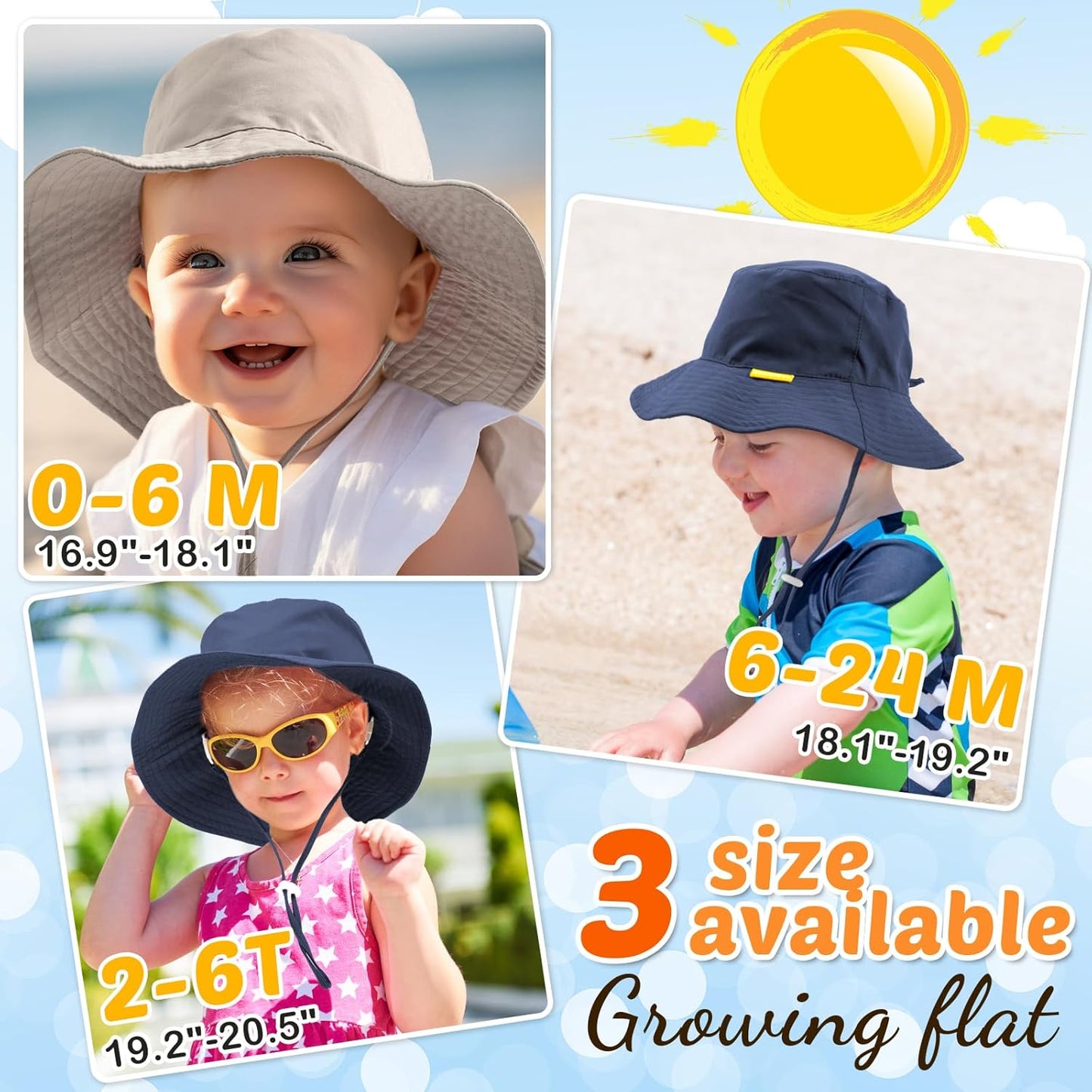 Baby Sun Hat Kids Summer UPF 50+ Toddler Bucket Hat Wide Brim Adjustable Beach Hats for Boys Girls