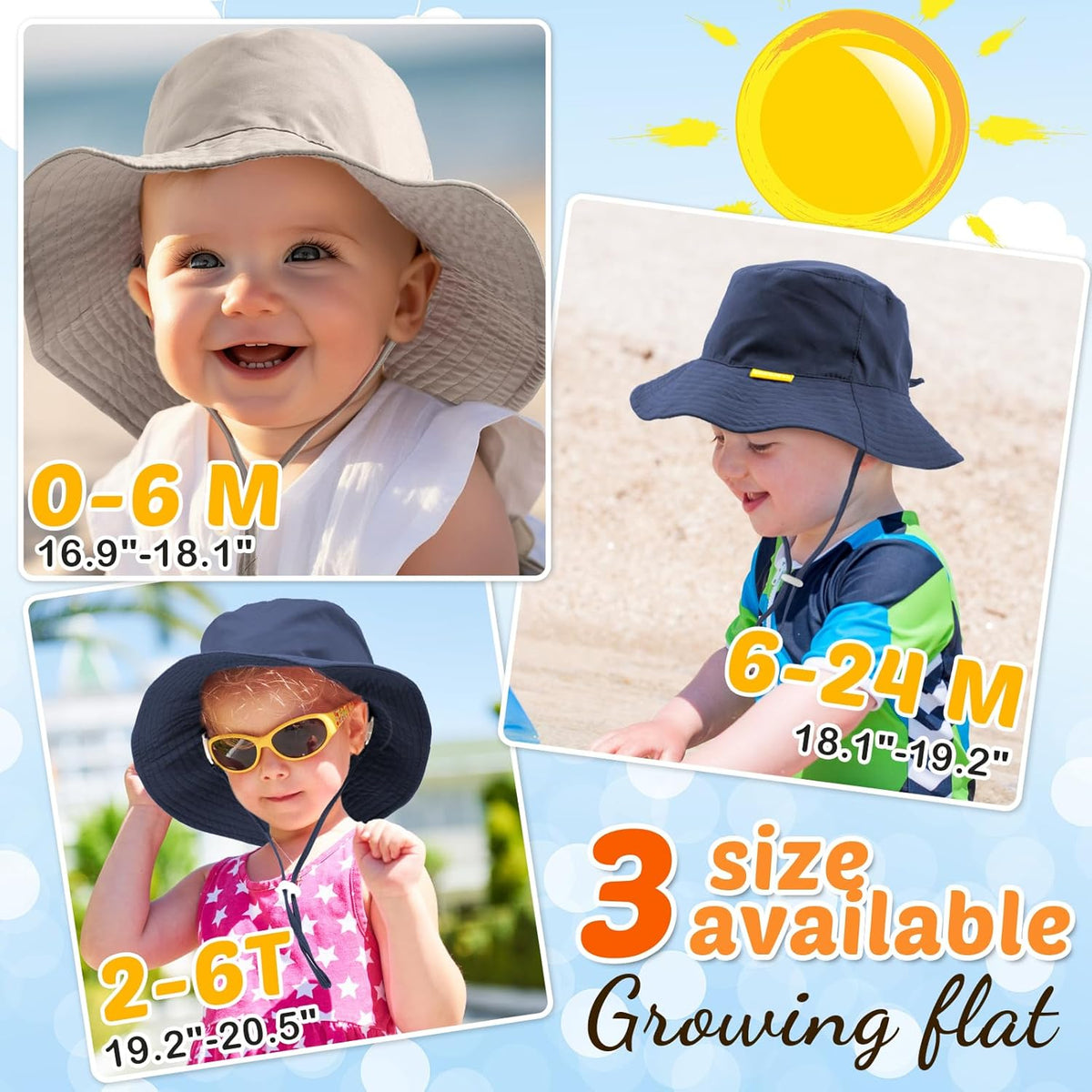 Baby Sun Hat Kids Summer UPF 50+ Toddler Bucket Hat Wide Brim Adjustable Beach Hats for Boys Girls