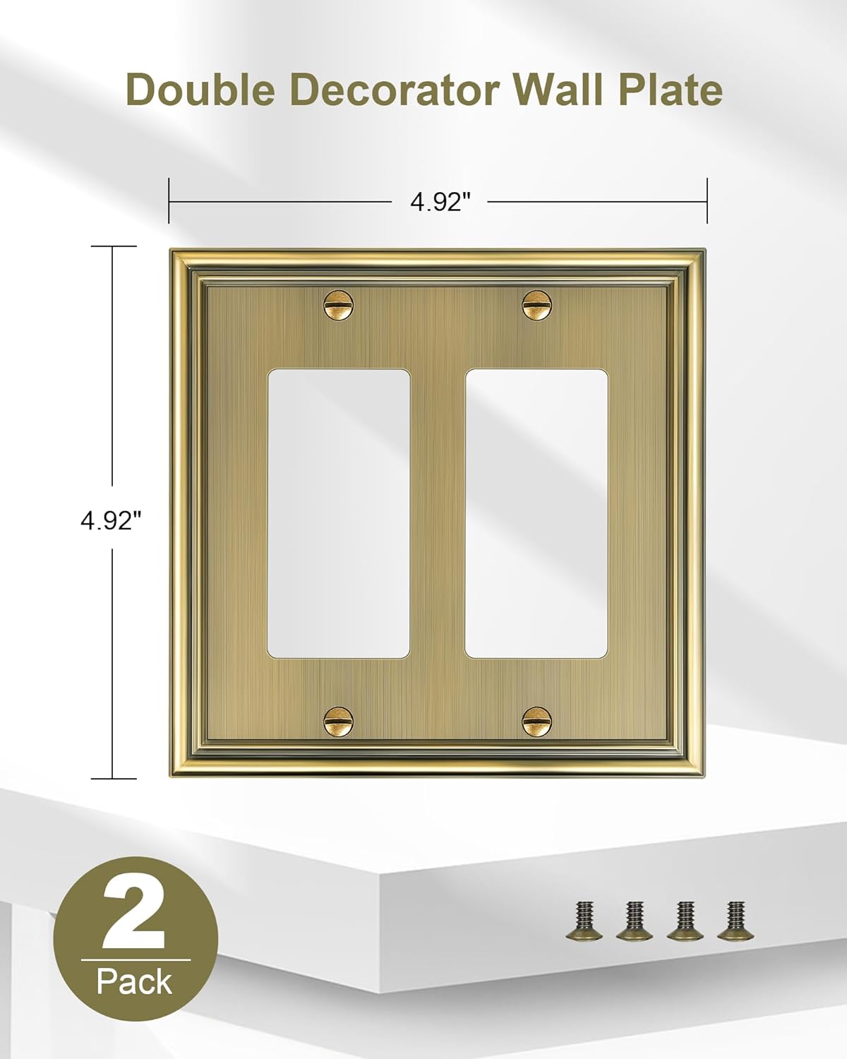 2-Pack Decorative Double Decorator Outlet Cover Plate, Durable Zinc Alloy Antique Brass Wall Plates