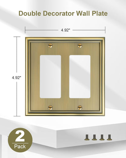 2-Pack Decorative Double Decorator Outlet Cover Plate, Durable Zinc Alloy Antique Brass Wall Plates