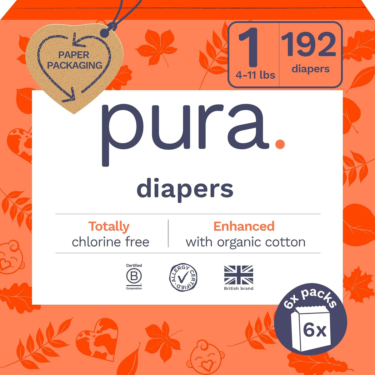 Pura Size 1 Eco-Friendly Diapers (4-11lbs) Hypoallergenic, Soft Organic Cotton Comfort