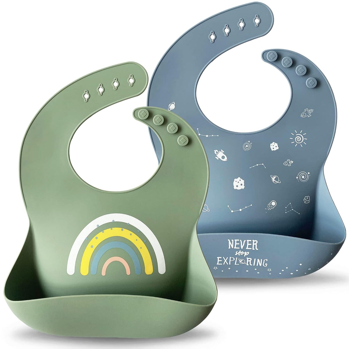 Moonkie Silicone Baby Bibs Set Of 2 | BPA Free Waterproof | Soft Flexible Adjustable Silicone Bibs
