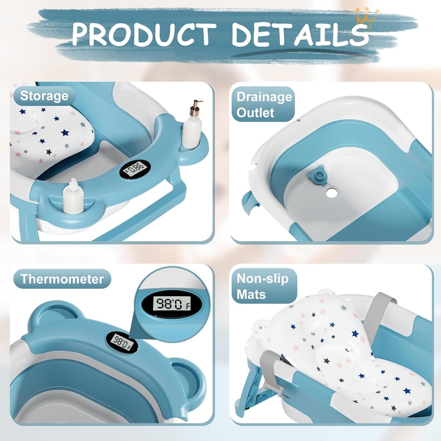 TPN Collapsible Baby Bathtub for Infants to Toddler with Real-time Temp Monitor+Floating