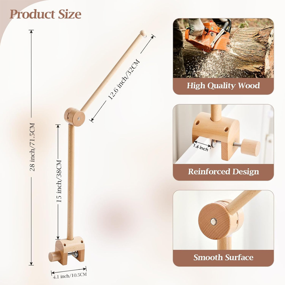 Baby Crib Mobile Arm - Wooden Mobile Arm with Height Adjustable＆360° Rotatable Upgraded Arched Base