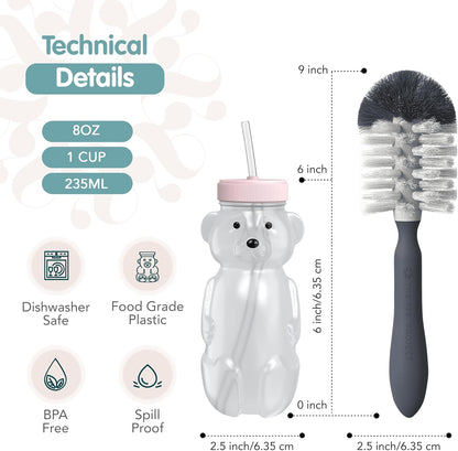 Honey Bear Straw Cup for Babies, 8oz Honey BearCup with Bottle Brush, 2-Pack Improved Lid Therapy