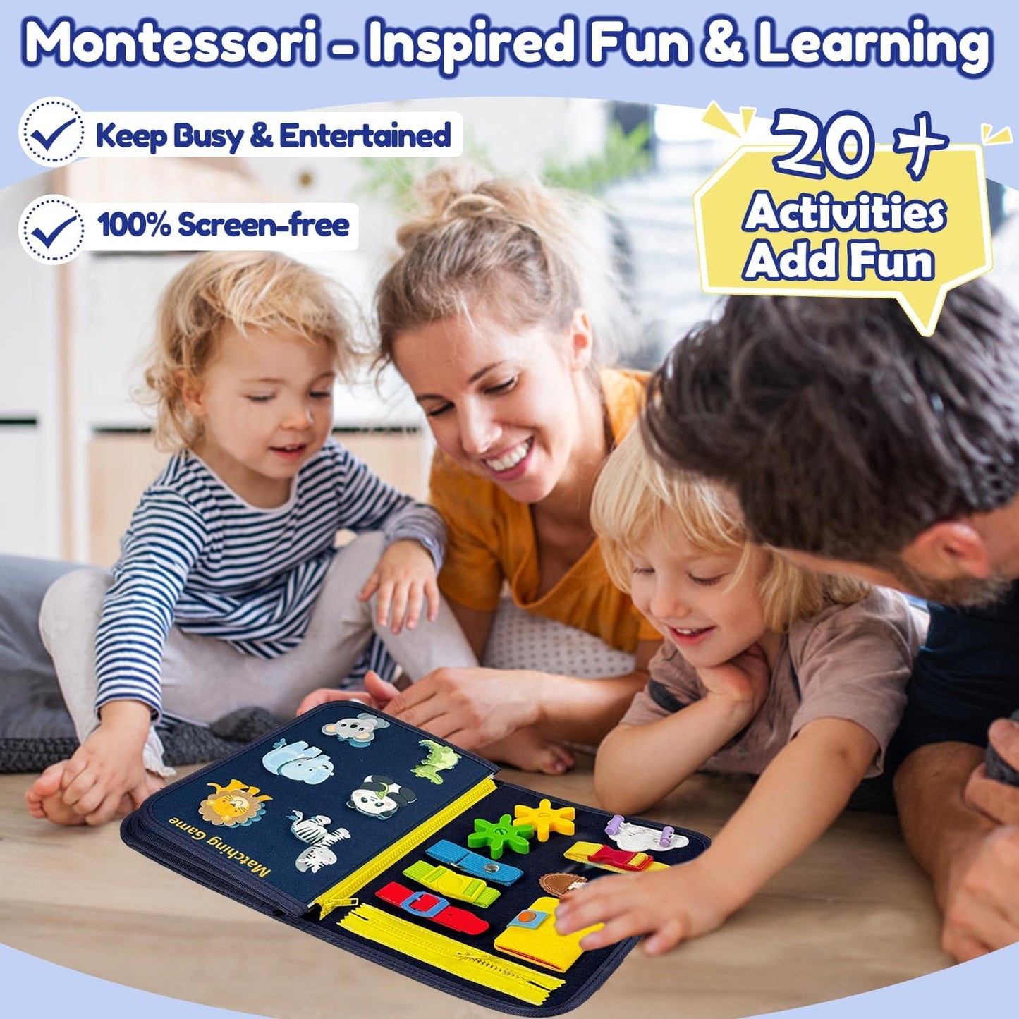 Qizfun Busy Board Book Montessori Toys for 1 2 3 4 Year Old, Boy Birthday Gifts, Educational