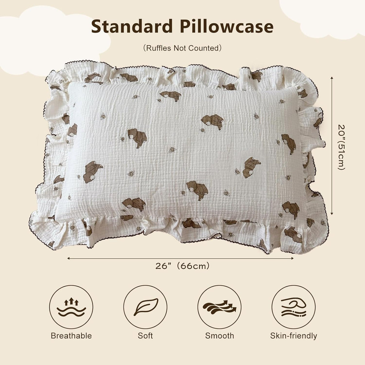 BuLuTu Cartoon Bear Muslin Pillowcase for Boys Girls Cute Animal Print Toddler Pillow Cases Soft