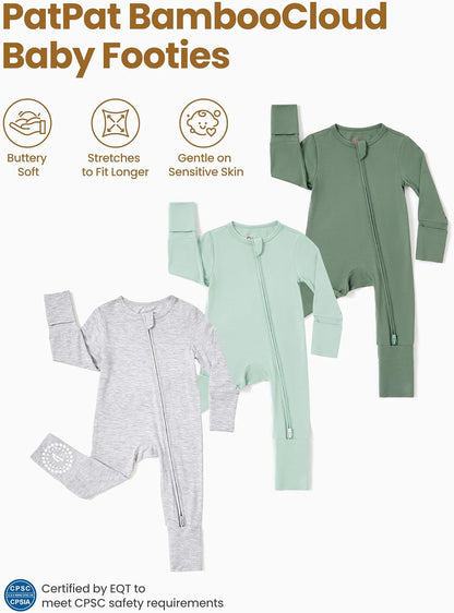 PATPAT Baby Footies Boys Girls - Bamboo Viscose - Zipper & Non-Slip Soles Romper Mitten - Footed &