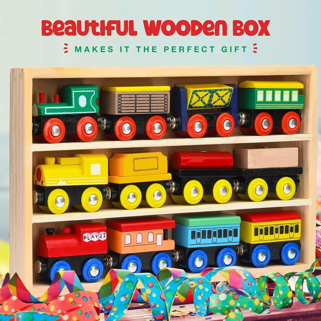 Wooden Train Set 12 PCS - Train Toys Magnetic Set Includes 3 Engines - Toy Train Sets For Kids