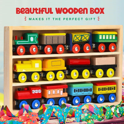 Wooden Train Set 12 PCS - Train Toys Magnetic Set Includes 3 Engines - Toy Train Sets For Kids