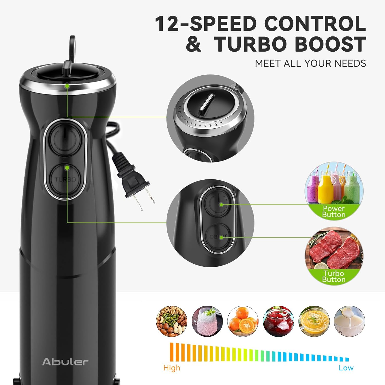Immersion Blender Handheld Hand Blender, 1000W 5 in 1 Hand Mixer Stick, BPA-Free 12 Speed Handheld
