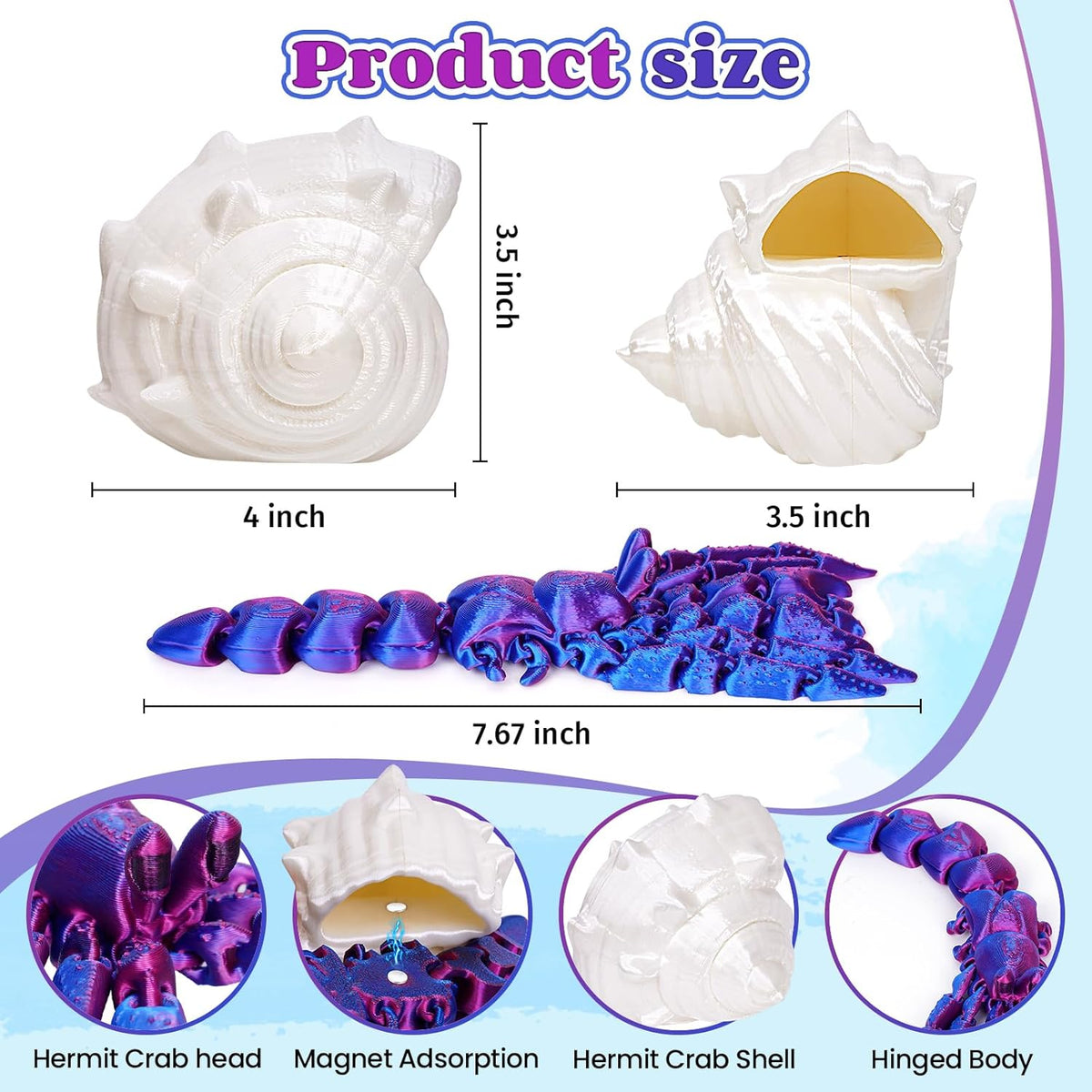 3D Printed Hermit Crab Fidget,3D Printed Dynamic Animals Toy,Full Articulated Flexible Crystal