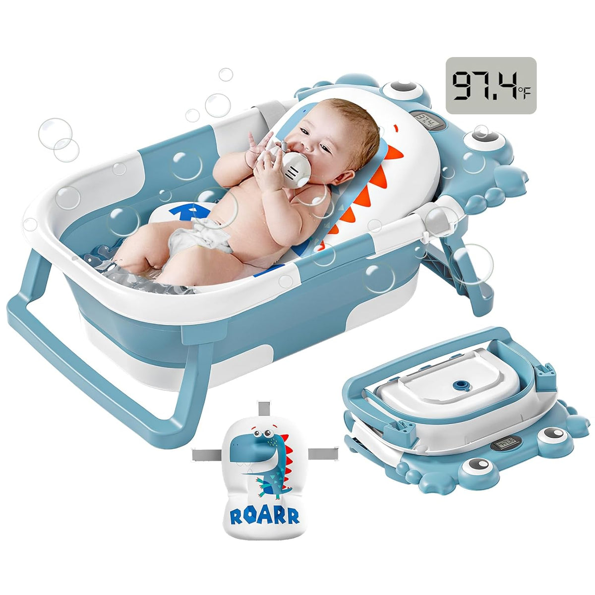 Collapsible Baby Bathtub for Newborns to Toddler with Real-time Temp Monitor & Floating