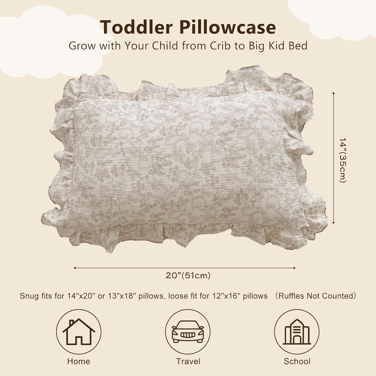 BuLuTu 100% Cotton Muslin Toddler Pillowcase with Ruffles Edges, Cute Rabbit Pattern Toddler Pillow