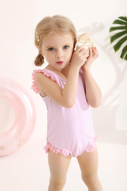 Tiny Cutey Toddler Girl Swimsuit Ruffled Stripe Sleeveless Swimwear One-Piece Baby Girl Bathing