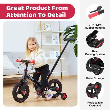 JMMD 6 in 1 Toddler Bike with Push Handle for Kids 18-60 Months, 12" Foldable Balance Bike with