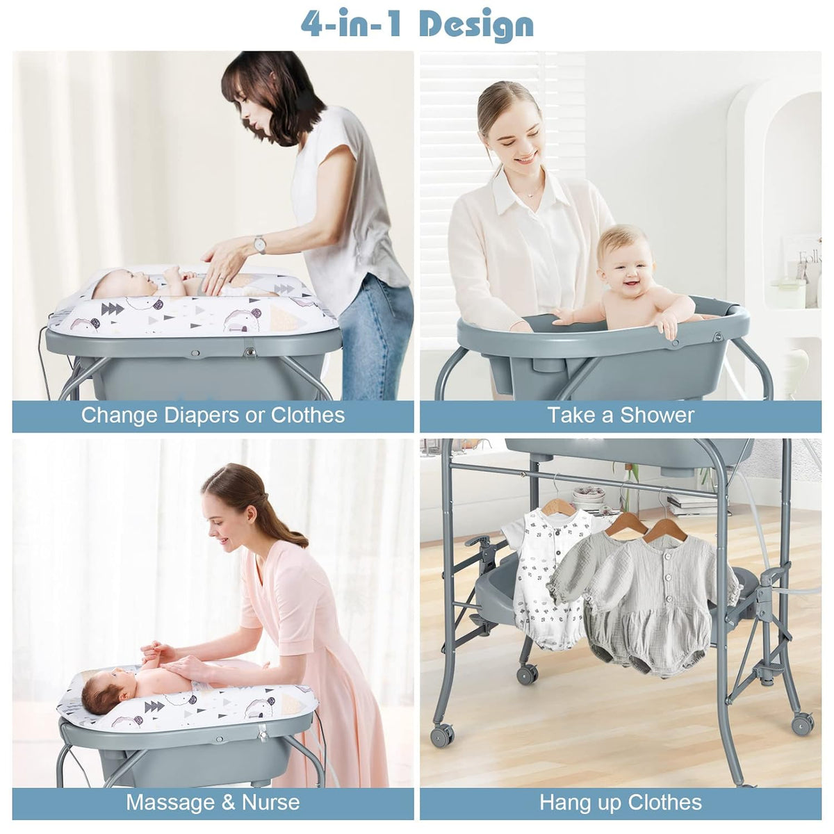 HONEY JOY Baby Changing Table with Bathtub, Foldable Infant Diaper Changing Station with Wheels