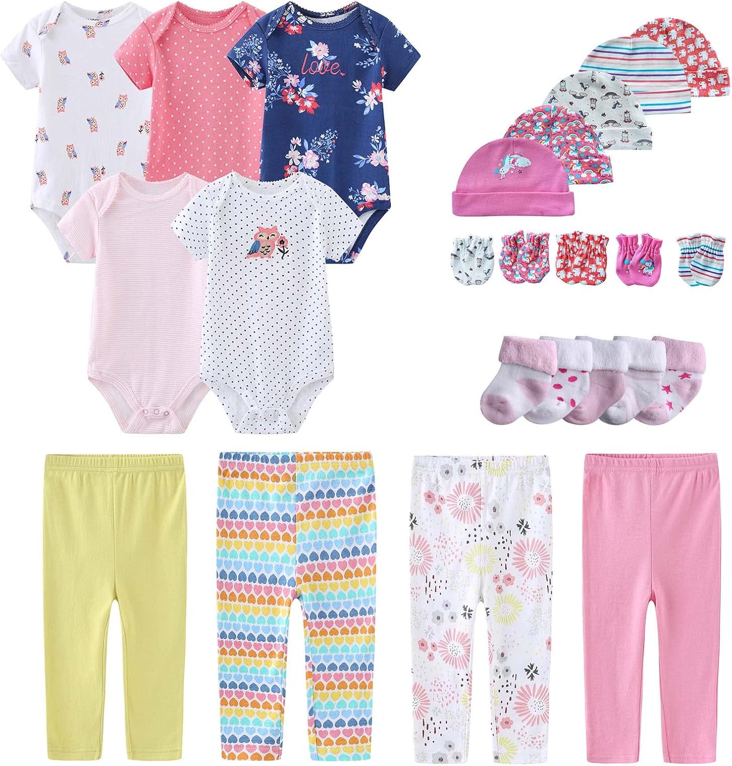 Newborn Layette Gift Set Bodysuits Pants for Baby Girl and Boy 24 Piece 100% Cotton Essentials and