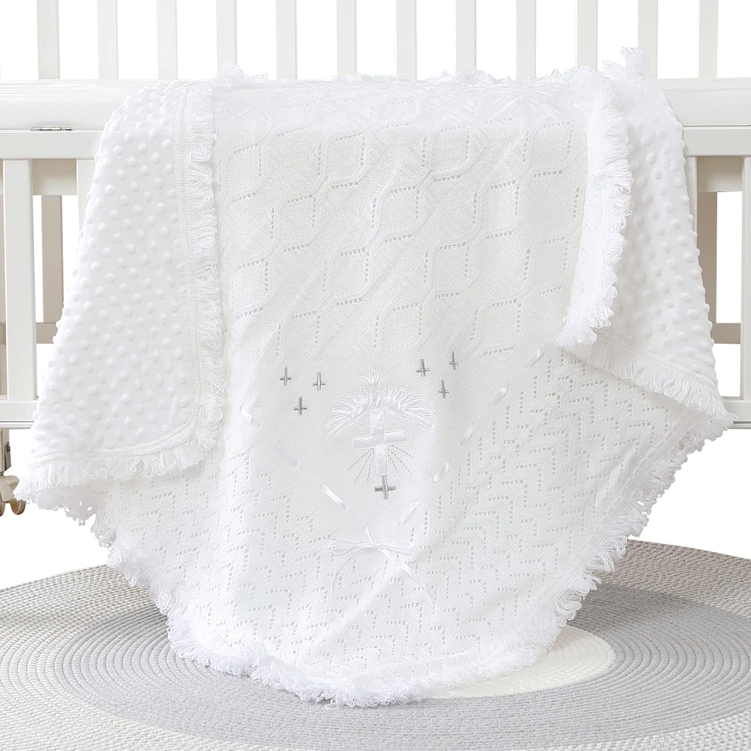 Booulfi Baby Christening Blanket Newborn White Baby Blanket Shawl Neutral Knitted Baptism Blankets