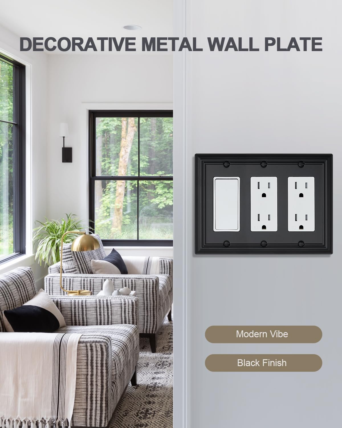 1-Pack Black Triple Decorator Outlet Covers, 3 Gang Wall Plates for Receptacle, GFCI Outlet, Dimmer