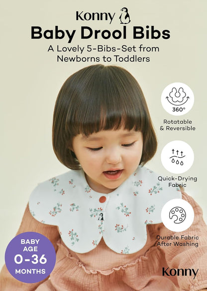 Konny Baby Bibs 5-Pack, 360 ° Rotate, Soft and Absorbent Bandana Drooling for Boys Girls baby