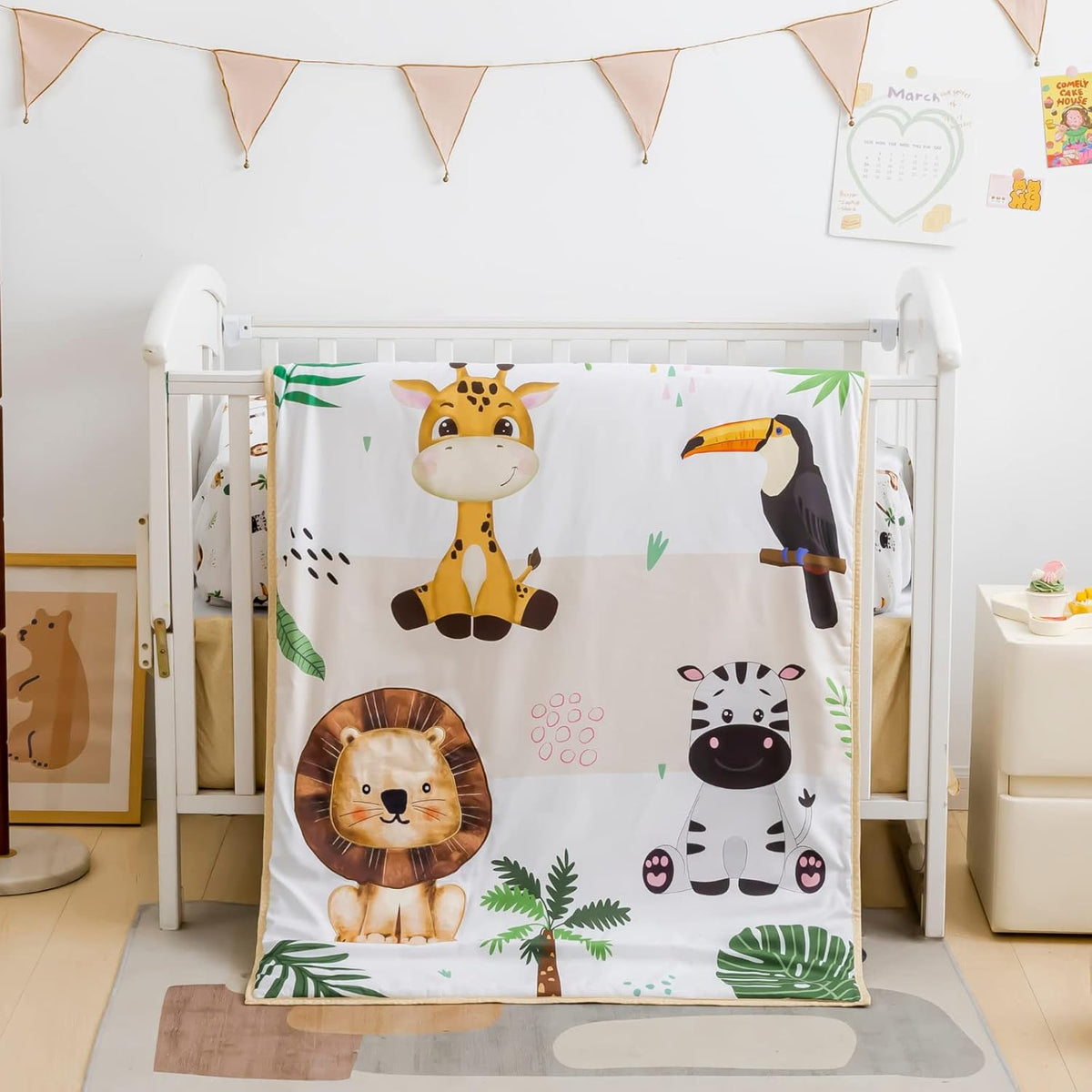 Safari Animal Bedding Set for Baby Boys Girls, 3-Piece Crib Set Including Sheet, Comforter & Skirt
