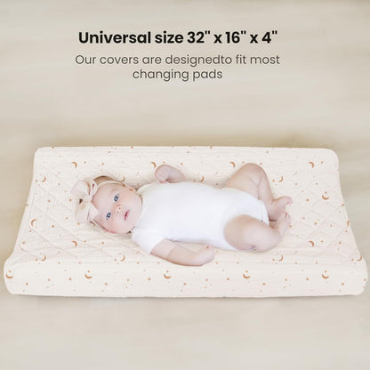 Konssy Waterproof Muslin Changing Pad Cover 2 Pack, Quilted Cotton Fitted Diaper Changing Table