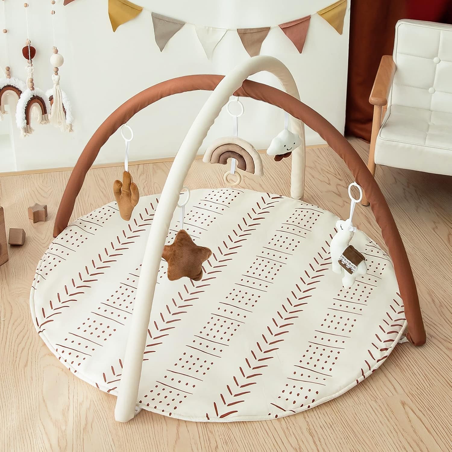 Razee Baby Gym Mat Infant Activity Gym Mudcloth Baby Activity Center with Play Mat with 5 Toys for