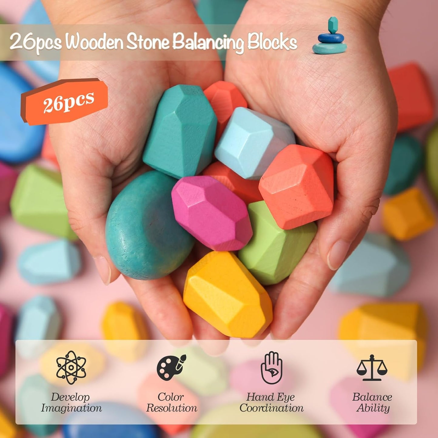 OESSUF Stacking Rocks 26Pcs Stacking Blocks Balancing Stones Wooden Building Toys Wood Stone