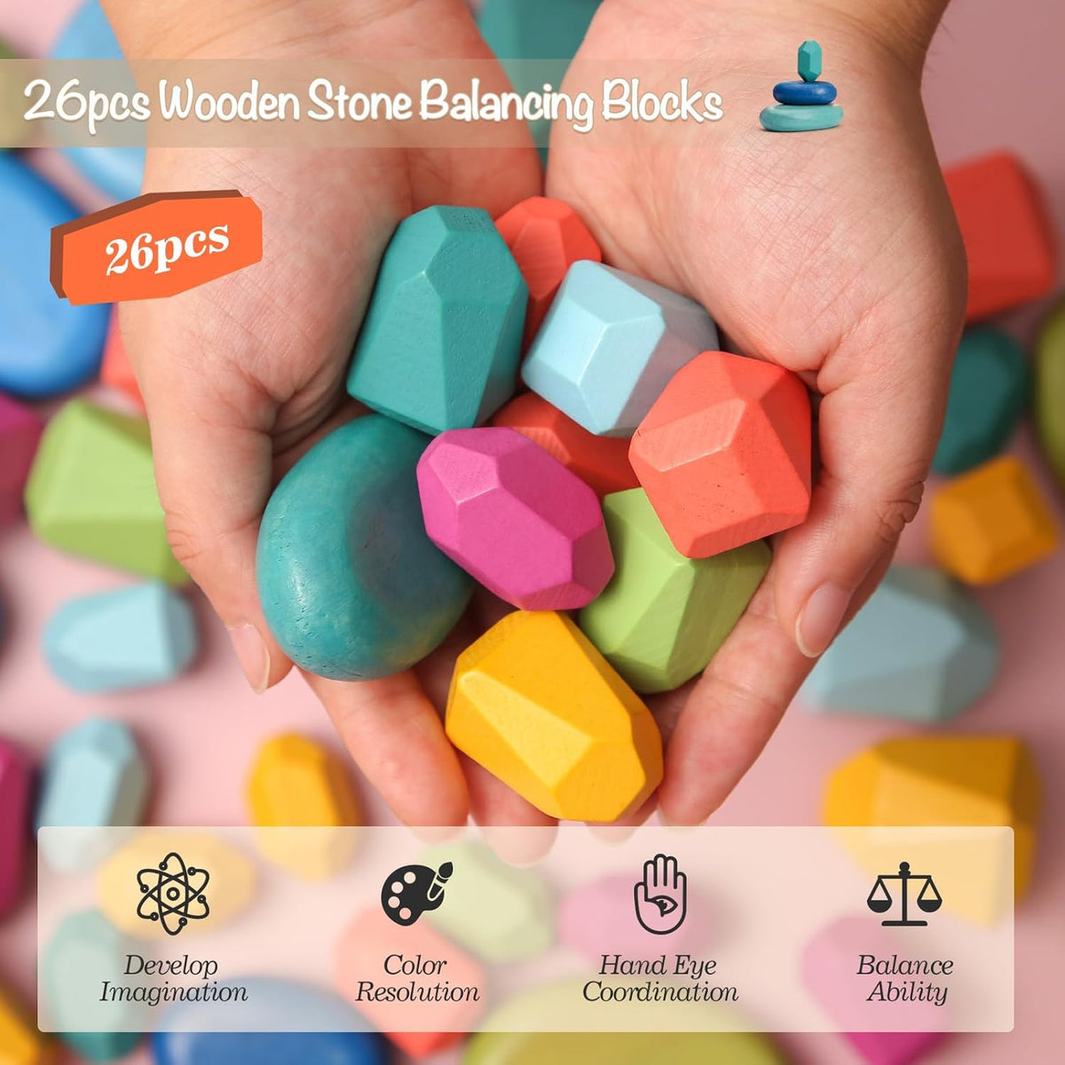 OESSUF Stacking Rocks 26Pcs Stacking Blocks Balancing Stones Wooden Building Toys Wood Stone