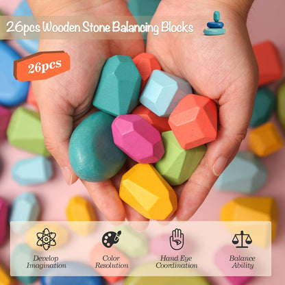 OESSUF Stacking Rocks 26Pcs Stacking Blocks Balancing Stones Wooden Building Toys Wood Stone