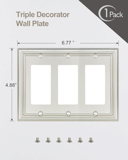 1-Pack Triple Decorator Wall Plate, Metal Electrical Outlet Cover for Receptacles, Dimmer Switches