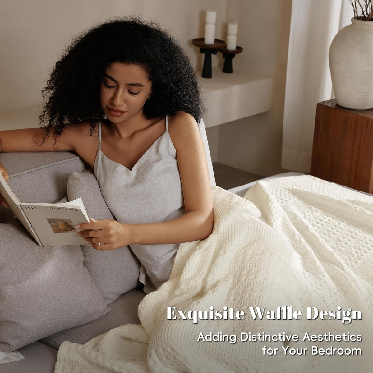 PHF 100% Cotton Waffle Weave Blanket King Size, Soft Lightweight Breathable Cozy Summer Blankets