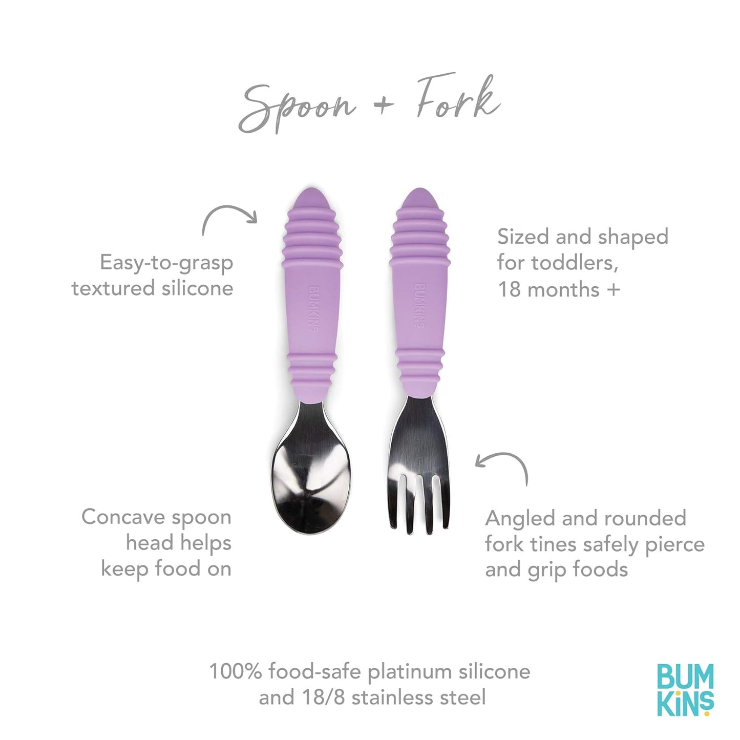 Bumkins Toddler Utensils, Kids Size Fork and Spoon Set, Silicone and Stainless-Steel Training