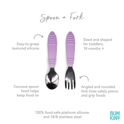 Bumkins Toddler Utensils, Kids Size Fork and Spoon Set, Silicone and Stainless-Steel Training