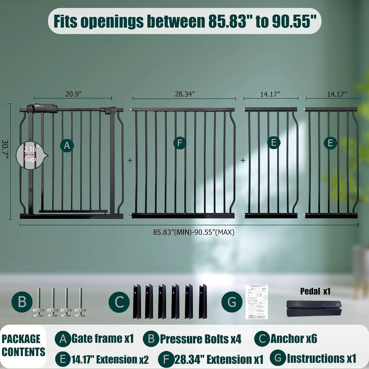 Heavy Duty Baby & Dog Safety Gate, Extra Wide 85.8-90.5 Inch,Black Metal, Pressure Mounted No
