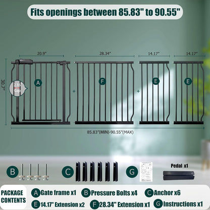 Heavy Duty Baby & Dog Safety Gate, Extra Wide 85.8-90.5 Inch,Black Metal, Pressure Mounted No