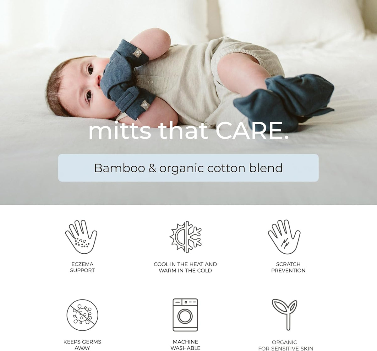 goumikids Viscose Made from Bamboo Cotton Stay-On Mitts, 3-6m Midnight Mitts