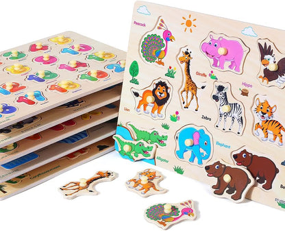 GRINNNIE Wooden Peg Puzzle for Toddlers, 6 Pack Toddler Puzzles Set for 3 4 5 Years Old (Alphabet