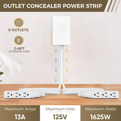Outlet Concealer Power Strip-Outlet Cover Extender with 3AC Outlets-8ft Flat Plug Extension